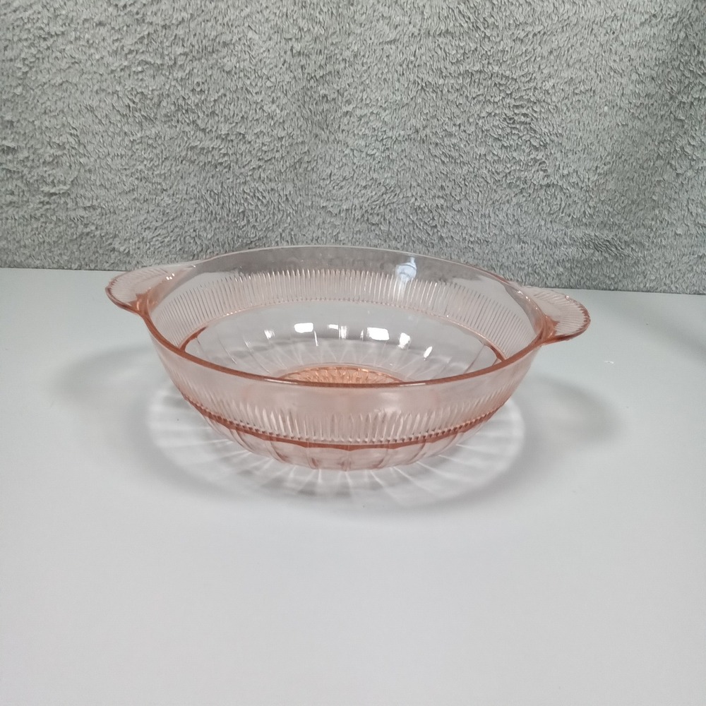 Vintage Pink Depression Glass‎ Ribbed Serving Bowl with Handles Sunburst Base